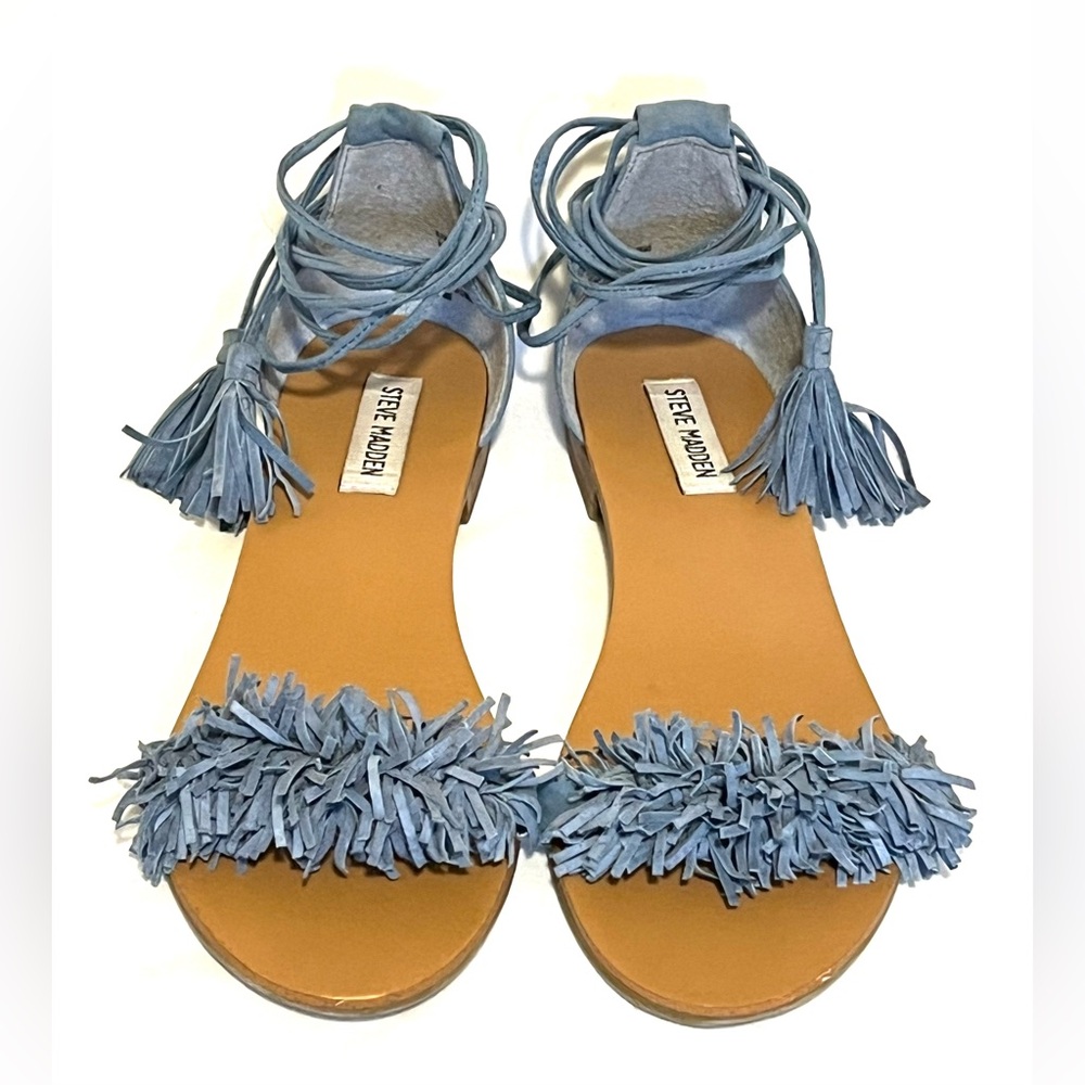 Steve Madden Blue Suede Boho Fringe Tassel Ankle Wrap Flat Sandals Size 8.5